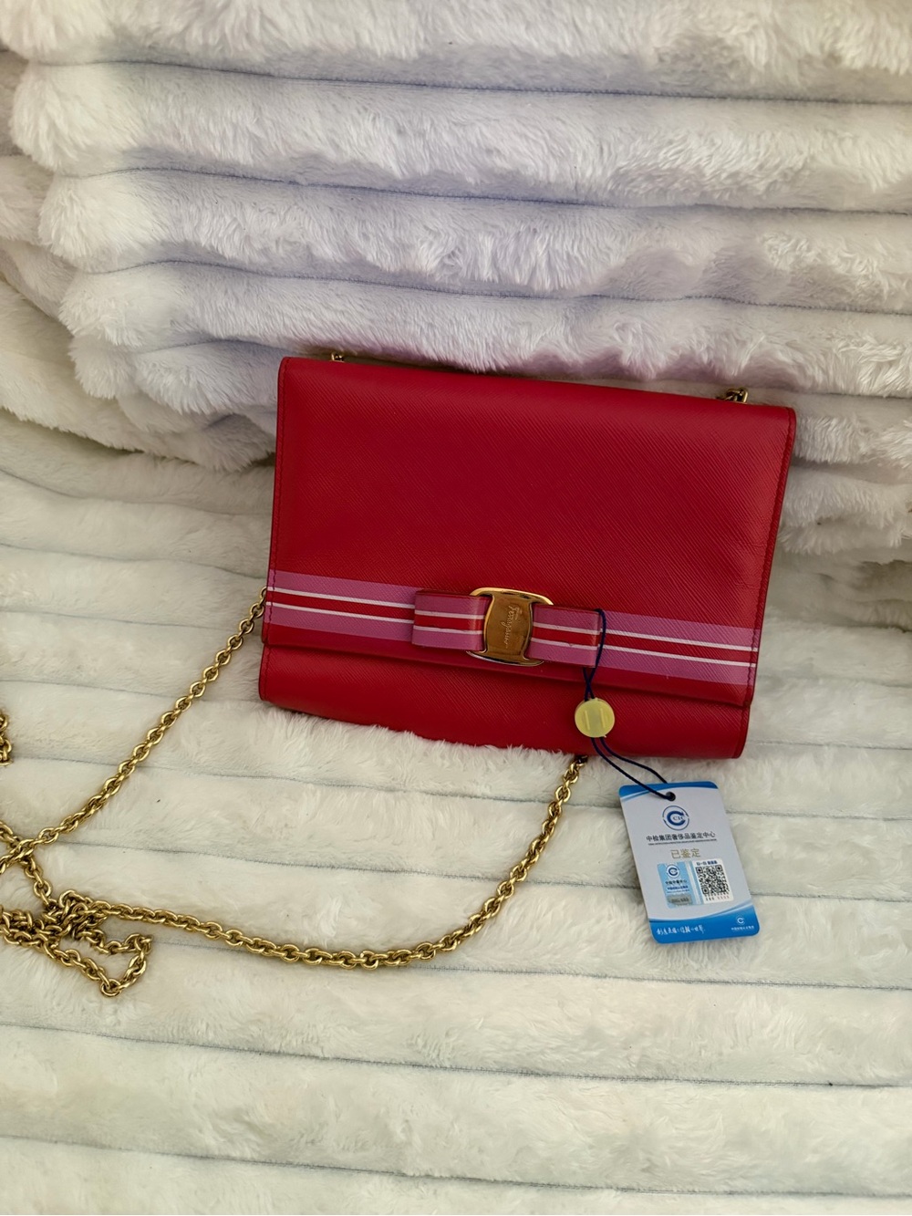 Salvatore Ferragamo Miss Vara Striped Bow Wallet on Chain